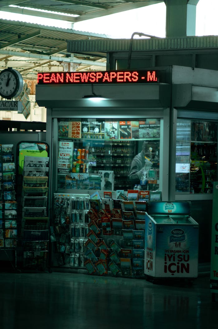 A modern newsstand with LED display at a station in İstanbul, Turkey.